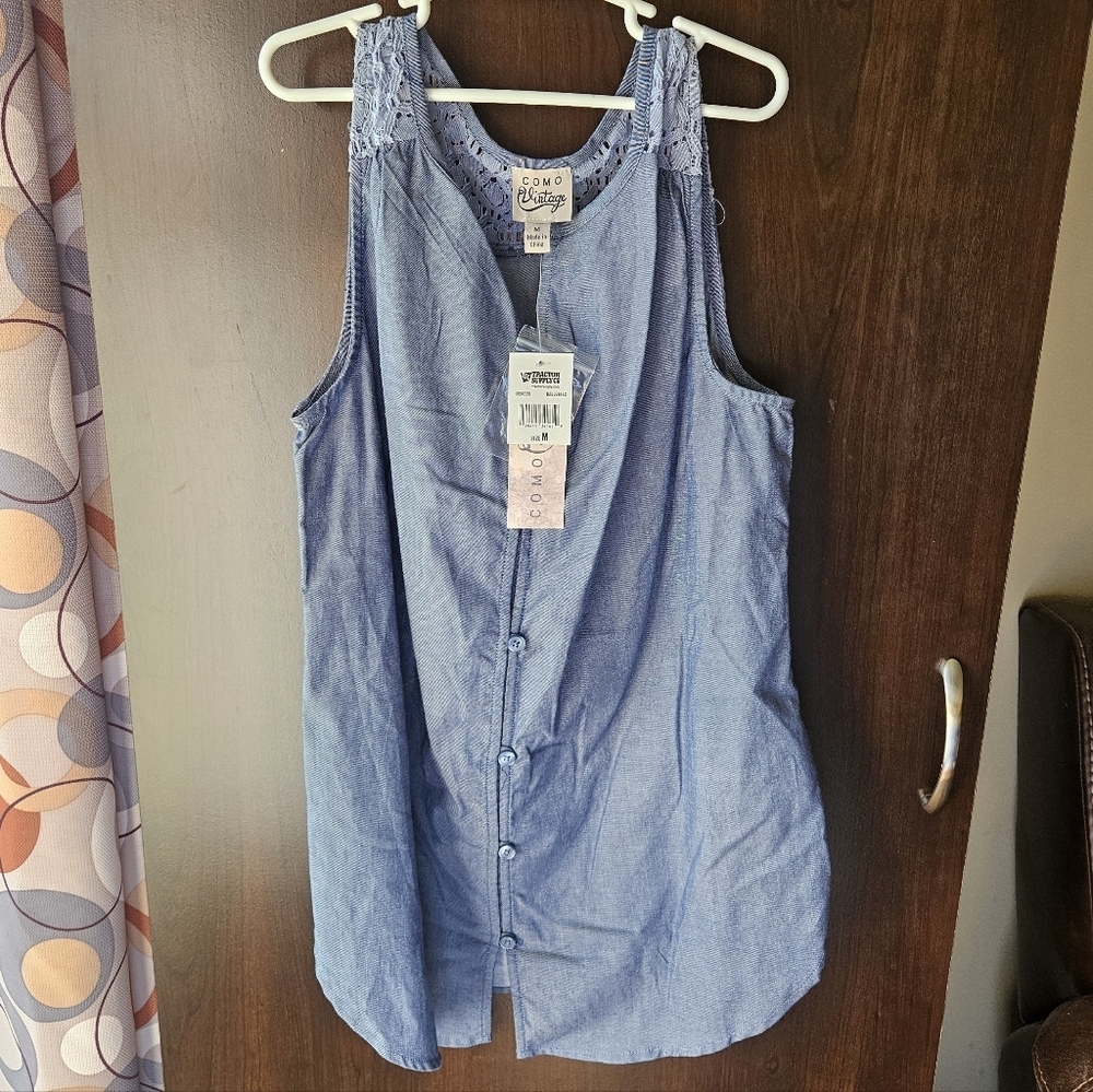 NWT COMO Vintage Blue Sleeveless Top
